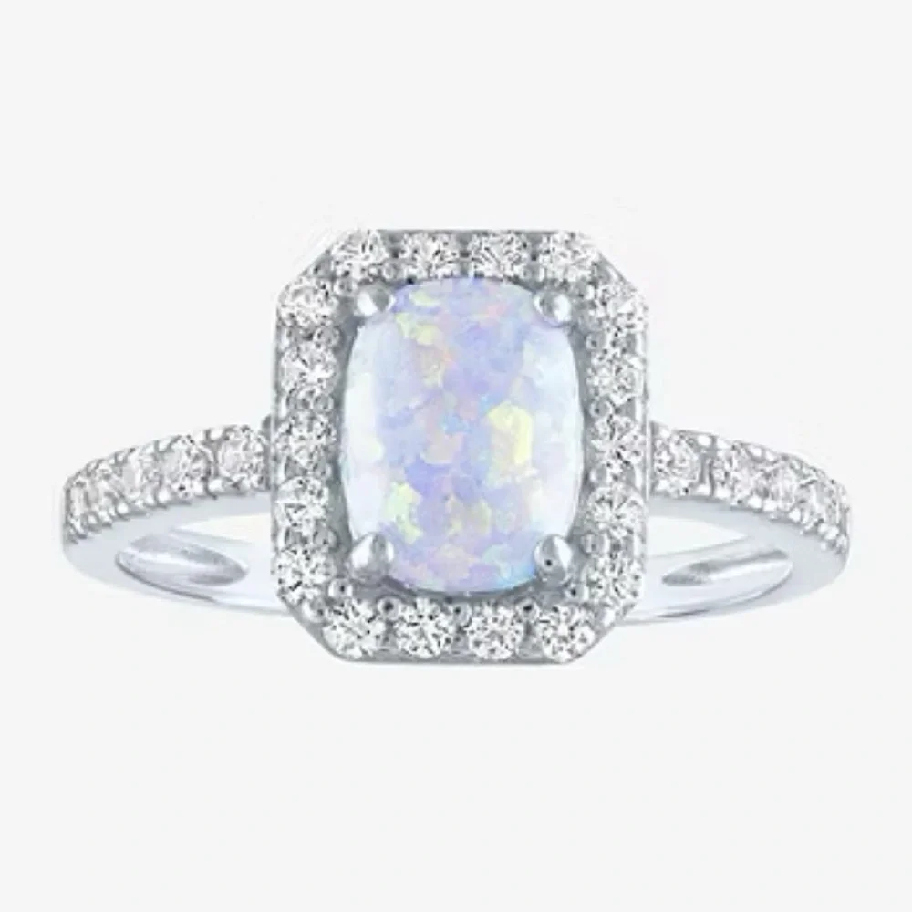 Womens Lab Created White Opal Sterling Silver Cushion Halo Cocktail Ring - Picture 1 of 6